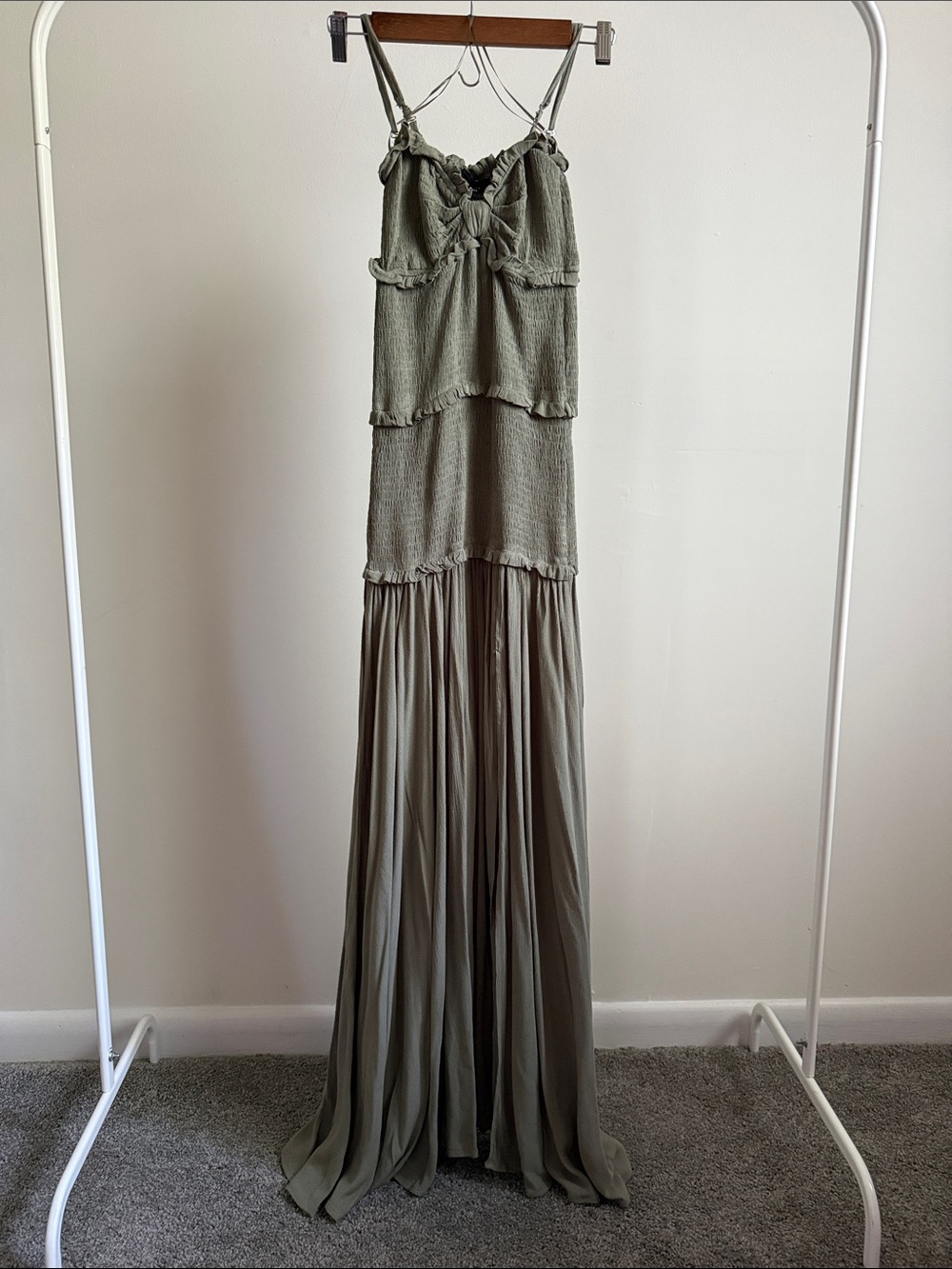 Vici Olive Tiered Maxi Dress with Spaghetti Straps